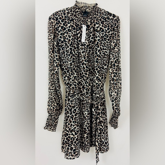 Sanctuary Tie Waist Leopard Ruch High Neck Long Semisheer Sleeves Mini D… - Picture 5 of 11